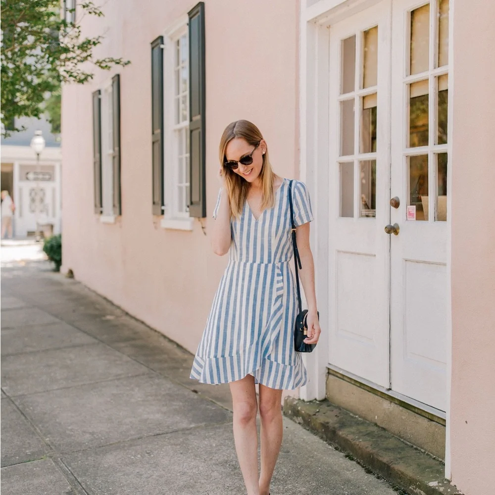J. Crew Classic Striped Ruffle V-Neck Dress Size 4 Light Blue and Off-White